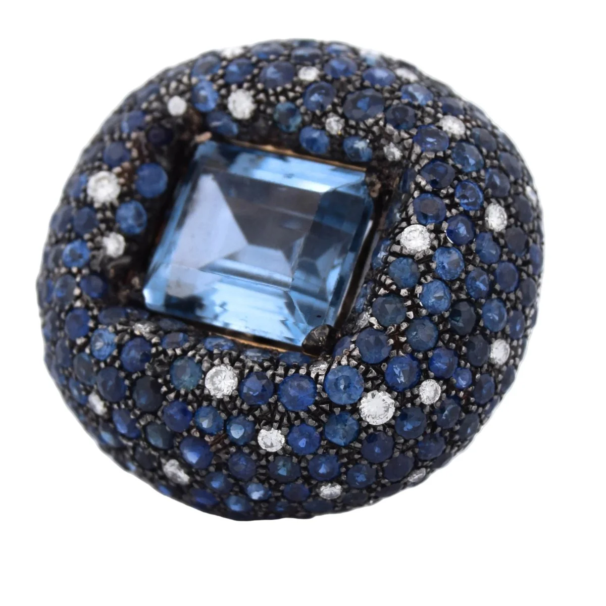Bague Cocktail en or blanc, aigue-marine, saphirs et diamants - Image 3