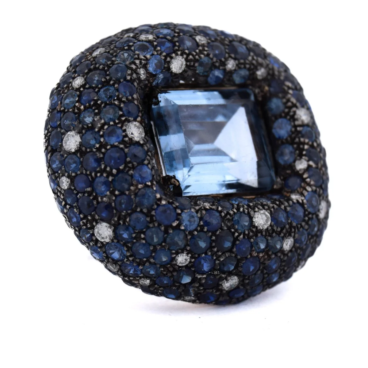 Bague Cocktail en or blanc, aigue-marine, saphirs et diamants - Image 7