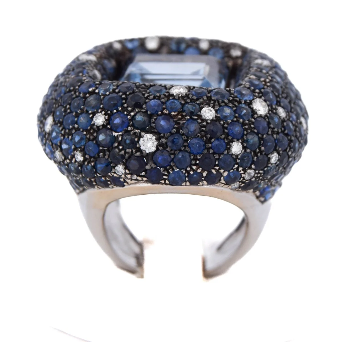 Bague Cocktail en or blanc, aigue-marine, saphirs et diamants - Image 8