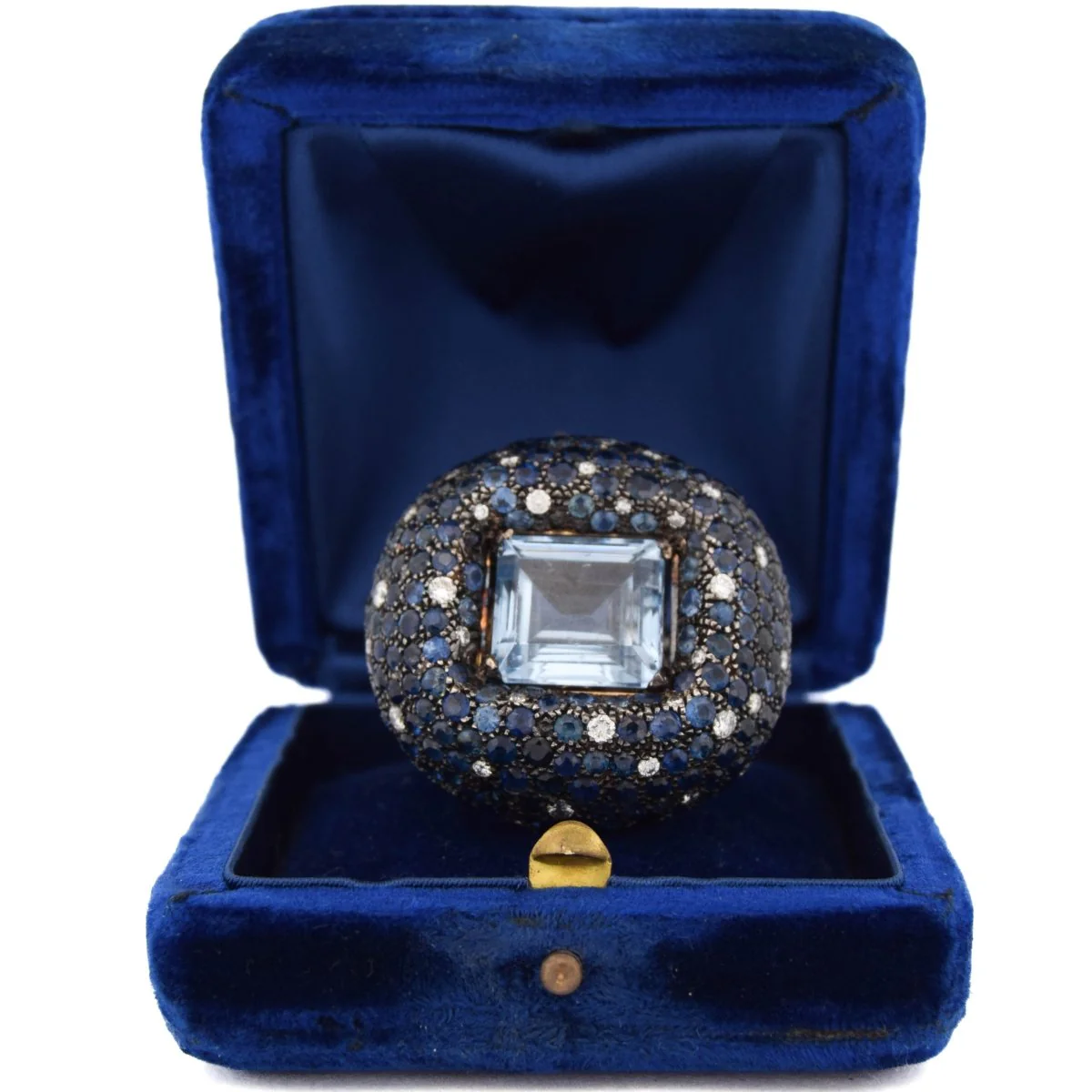 Bague Cocktail en or blanc, aigue-marine, saphirs et diamants - Image 9