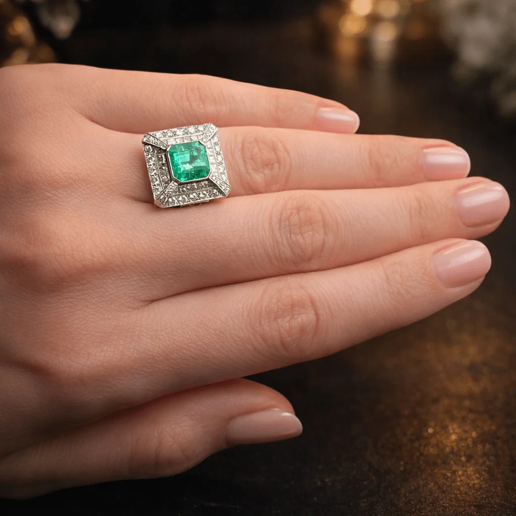 Bague Cocktail en or blanc, émeraude et diamants - Image 8