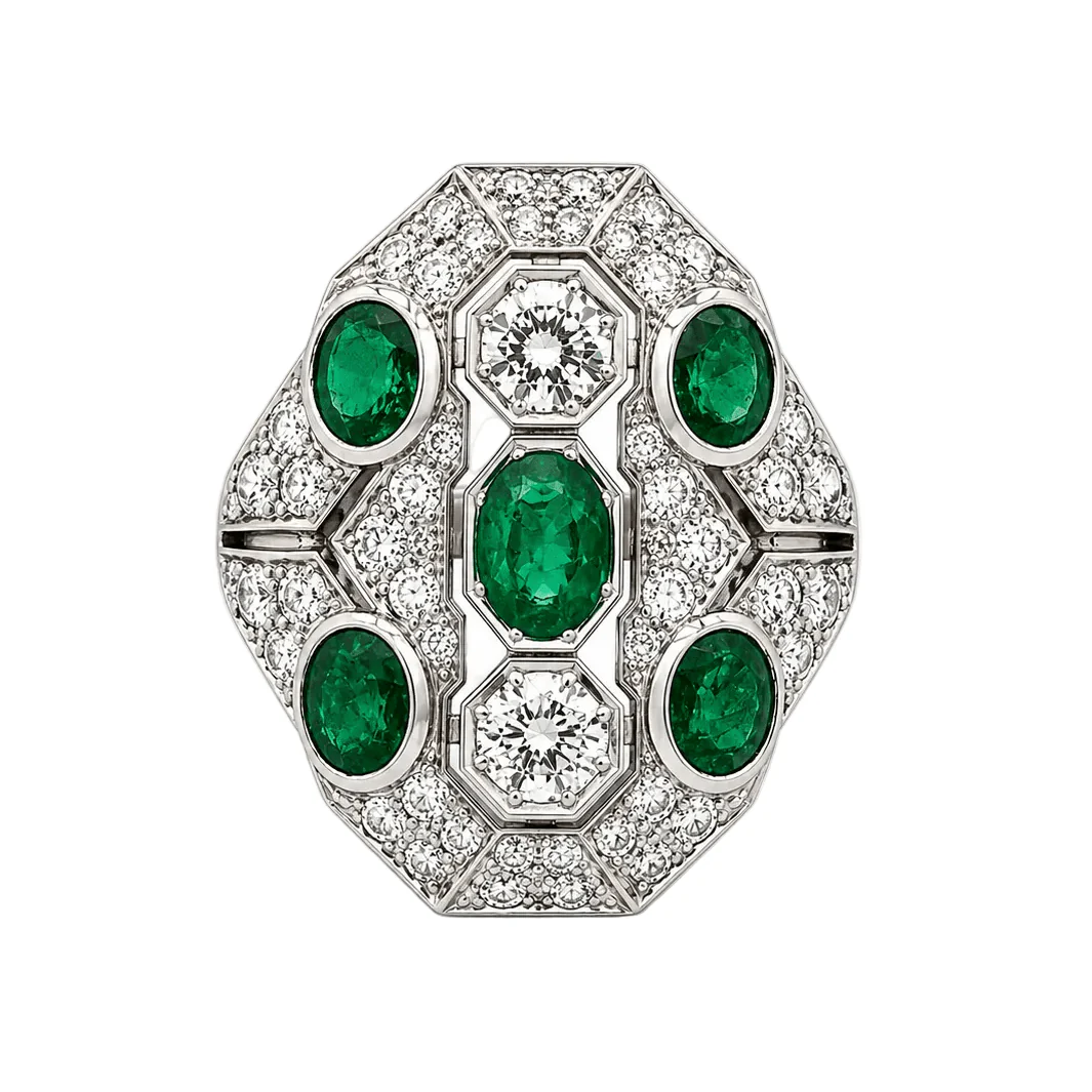 Bague Cocktail en or blanc, émeraudes et diamants