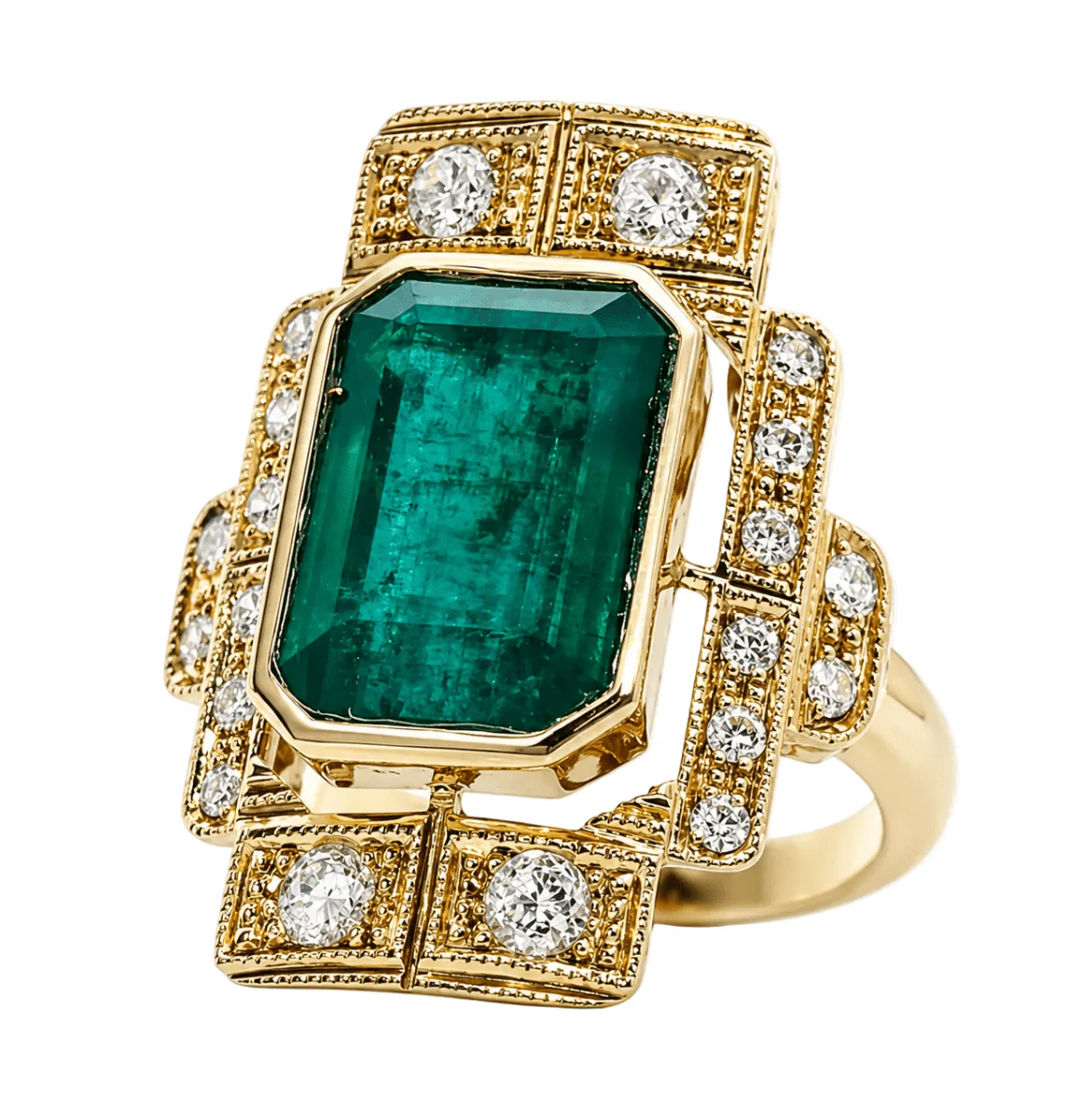 Bague Cocktail en or jaune, émeraude et diamants