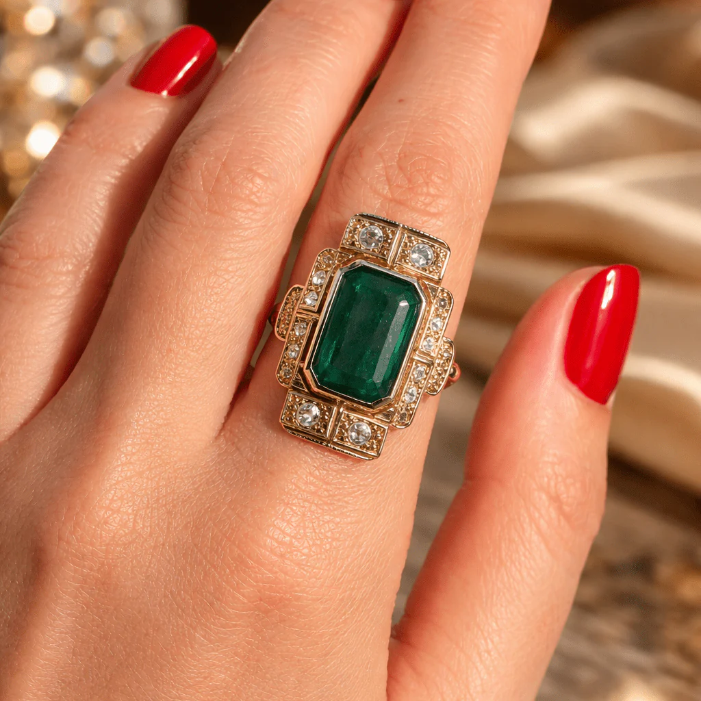Bague Cocktail en or jaune, émeraude et diamants - Image 2