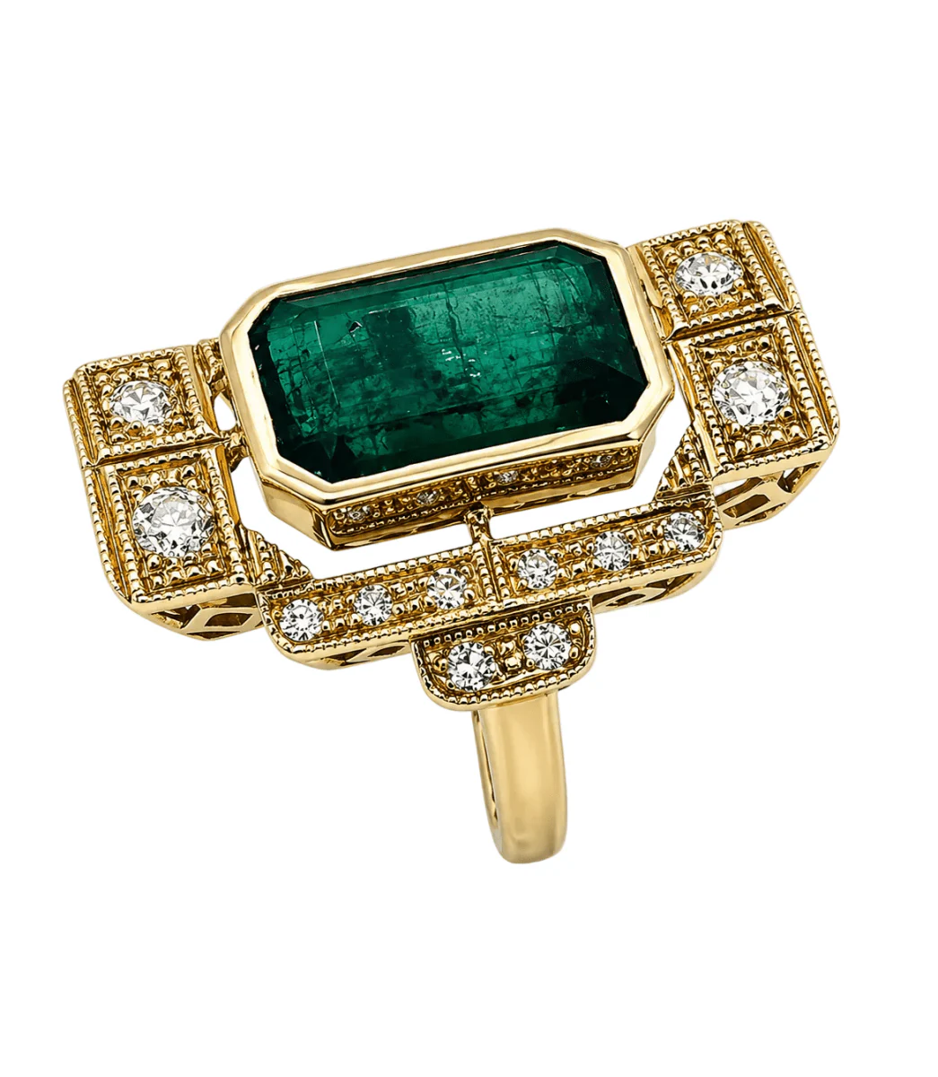 Bague Cocktail en or jaune, émeraude et diamants - Image 3