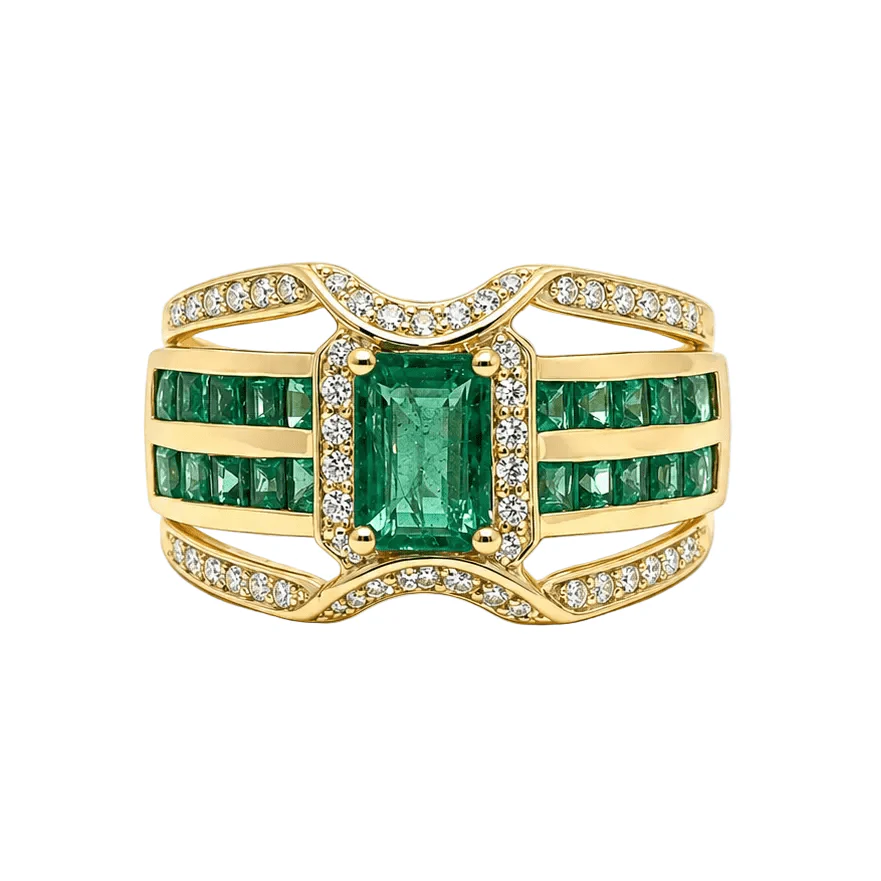 Bague Cocktail en or jaune, émeraudes et diamants
