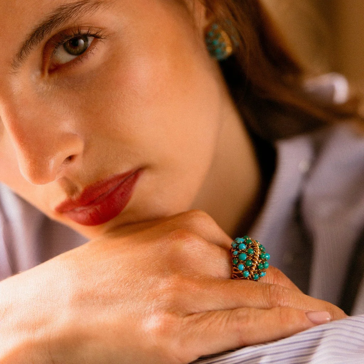 Bague Cocktail en or jaune et turquoise - Image 2