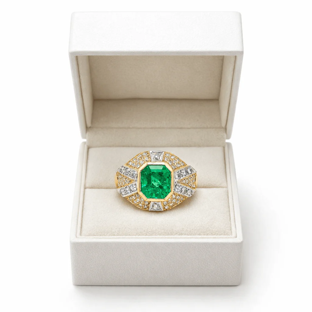 Bague Cocktail en or jaune, or blanc, émeraude et diamants - Image 14