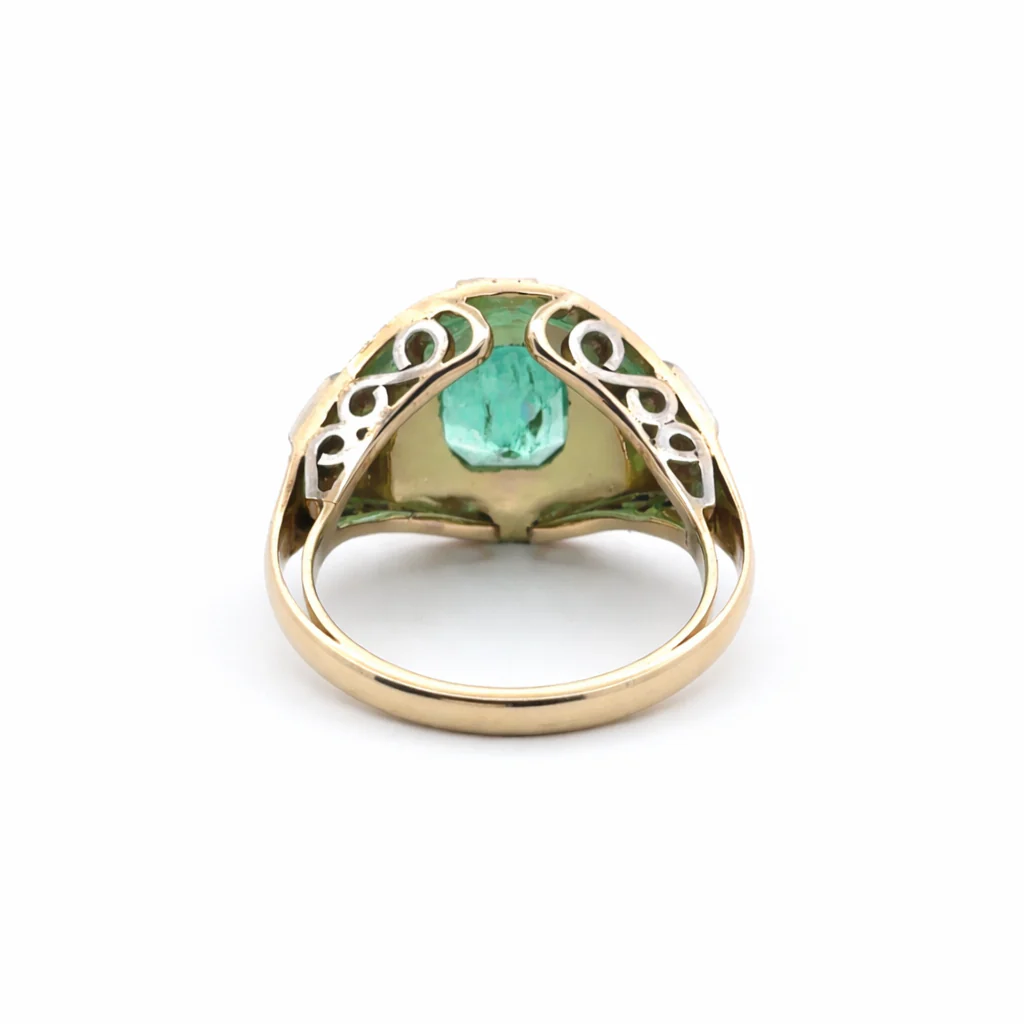 Bague Cocktail en or jaune, or blanc, émeraude et diamants - Image 4