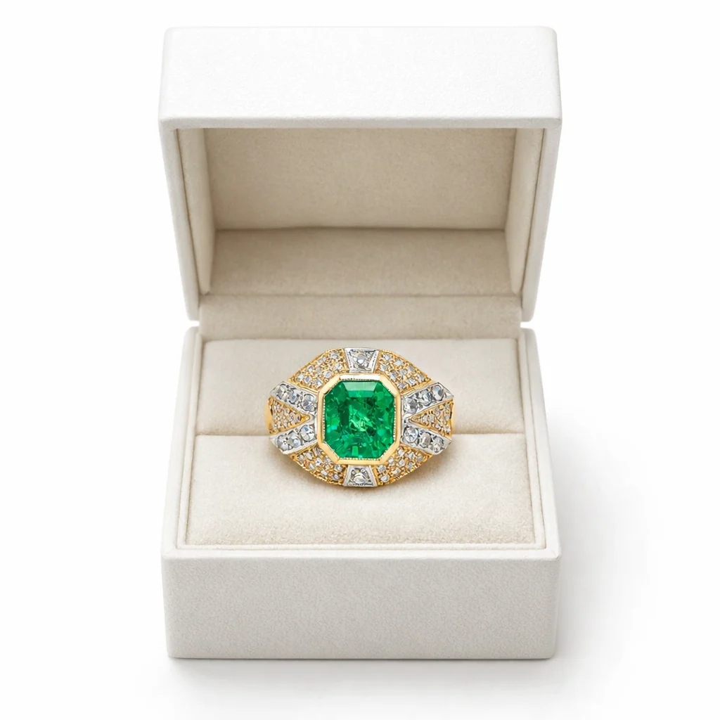 Bague Cocktail en or jaune, or blanc, émeraude et diamants - Image 7