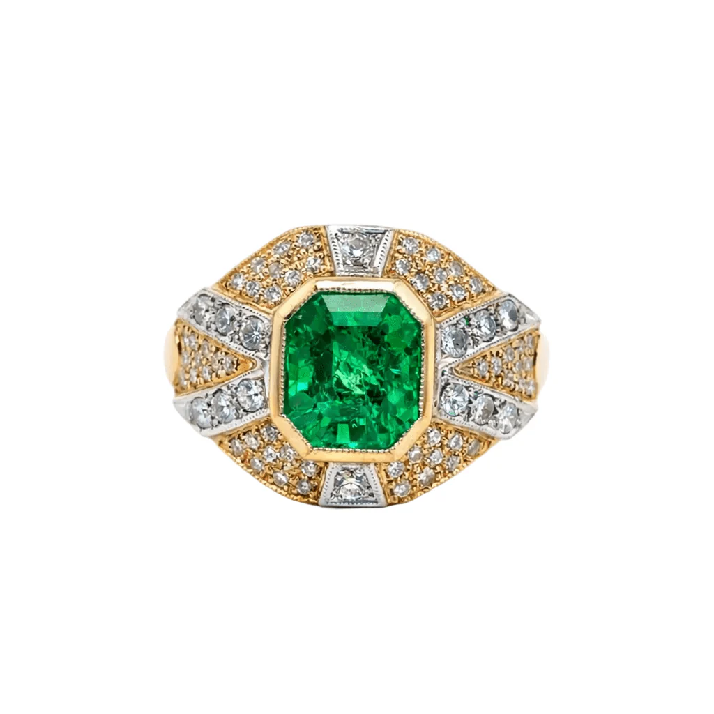Bague Cocktail en or jaune, or blanc, émeraude et diamants - Image 8