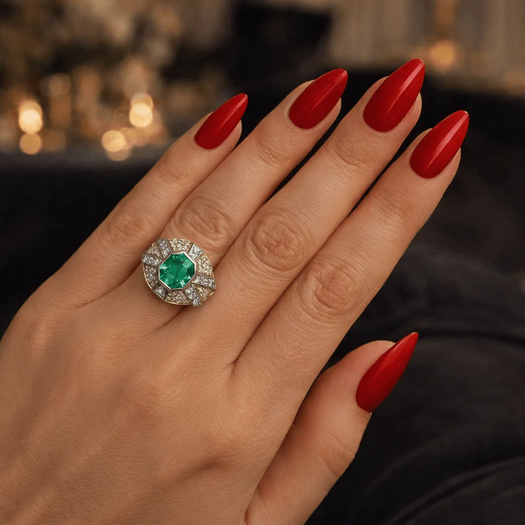 Bague Cocktail en or jaune, or blanc, émeraude et diamants - Image 9