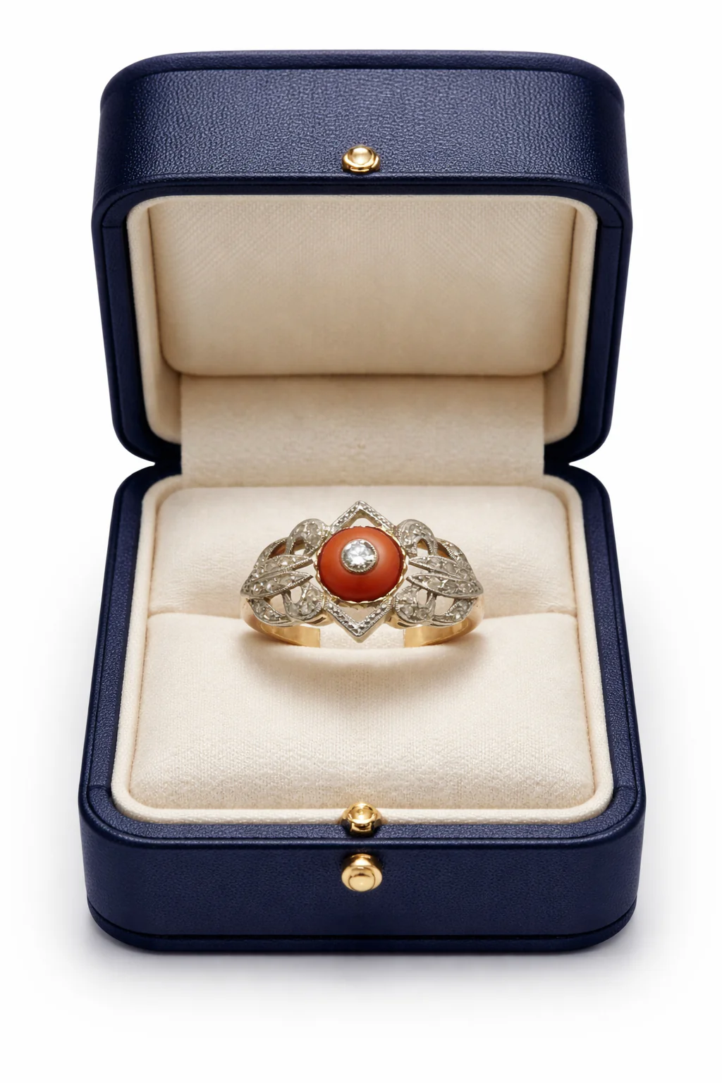 Bague Cocktail en or jaune, or blanc, platine, corail et diamants - Image 6