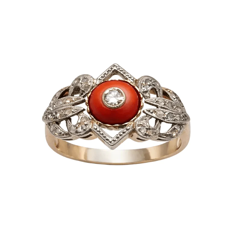 Bague Cocktail en or jaune, or blanc, platine, corail et diamants - Image 7