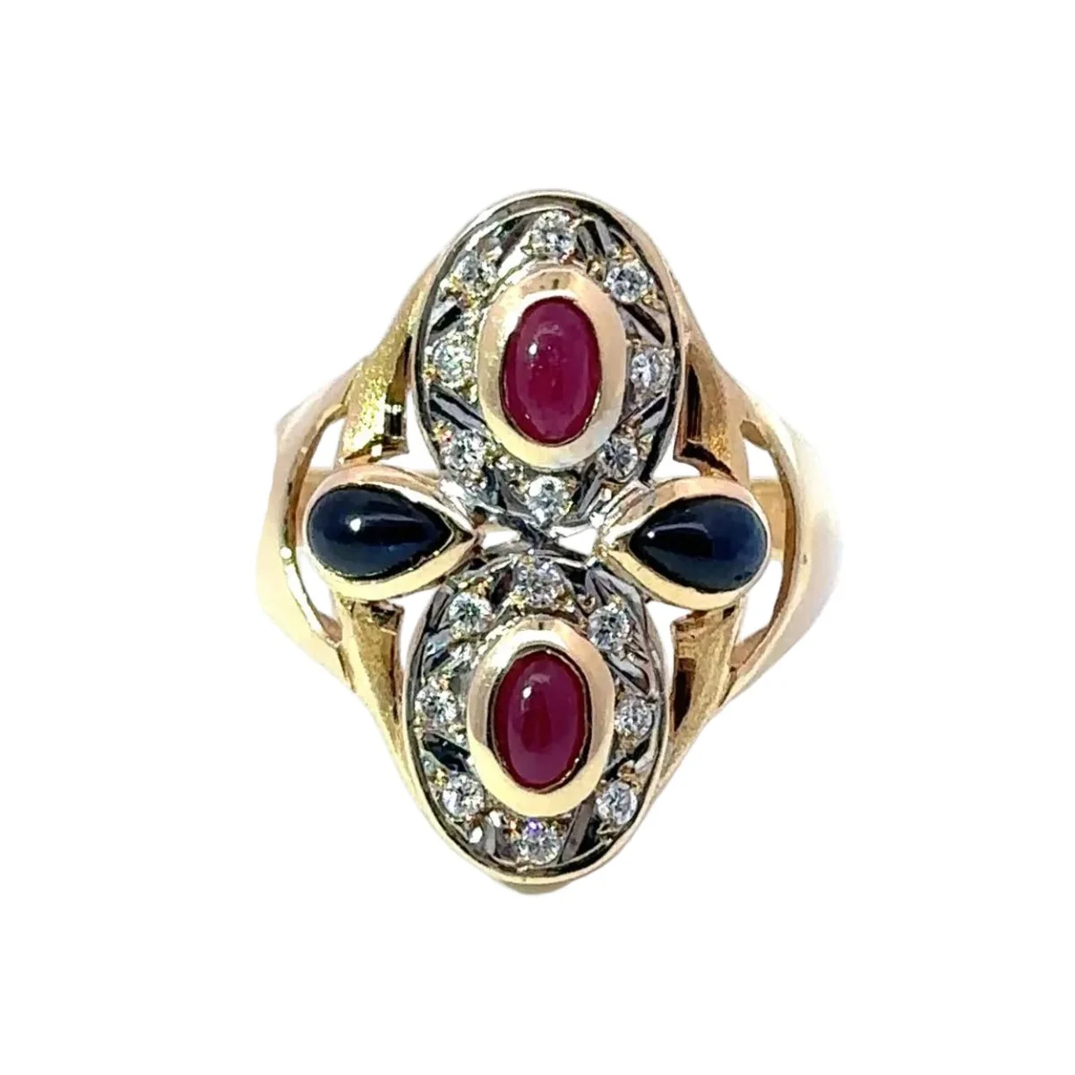 Bague Cocktail en or jaune, or blanc, rubis, saphirs et diamants