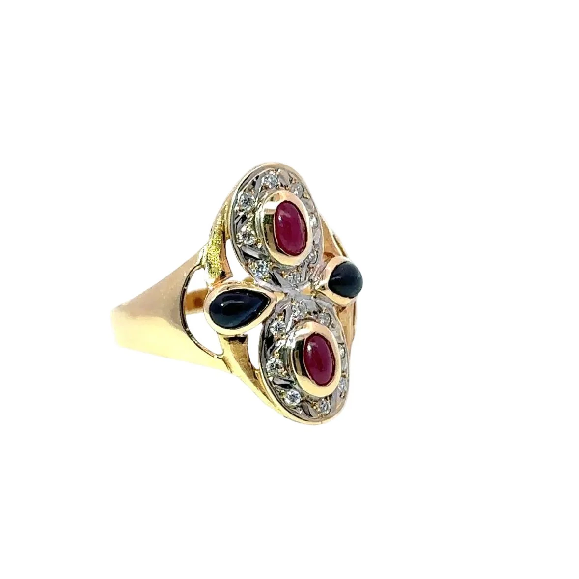 Bague Cocktail en or jaune, or blanc, rubis, saphirs et diamants - Image 5
