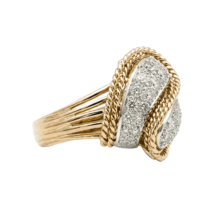 Bague Cocktail en or jaune, platine et diamants - Image 3