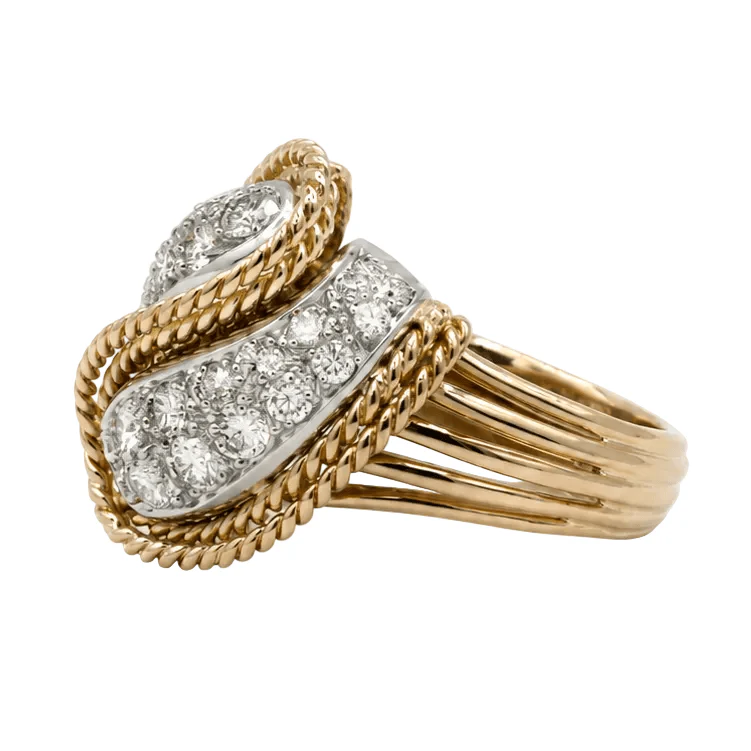 Bague Cocktail en or jaune, platine et diamants - Image 5
