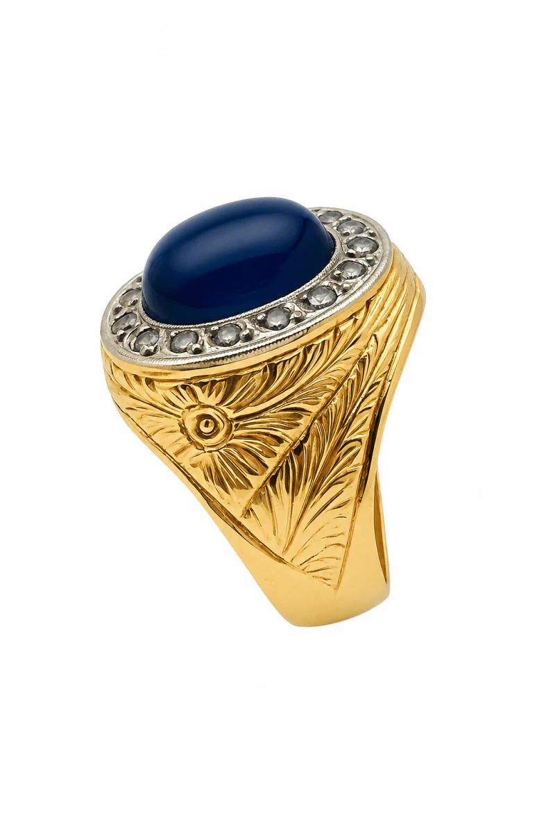 Bague Cocktail en or jaune, platine, saphir et diamants - Image 3