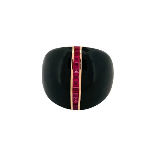 Bague cocktail en or rose, onyx et rubis