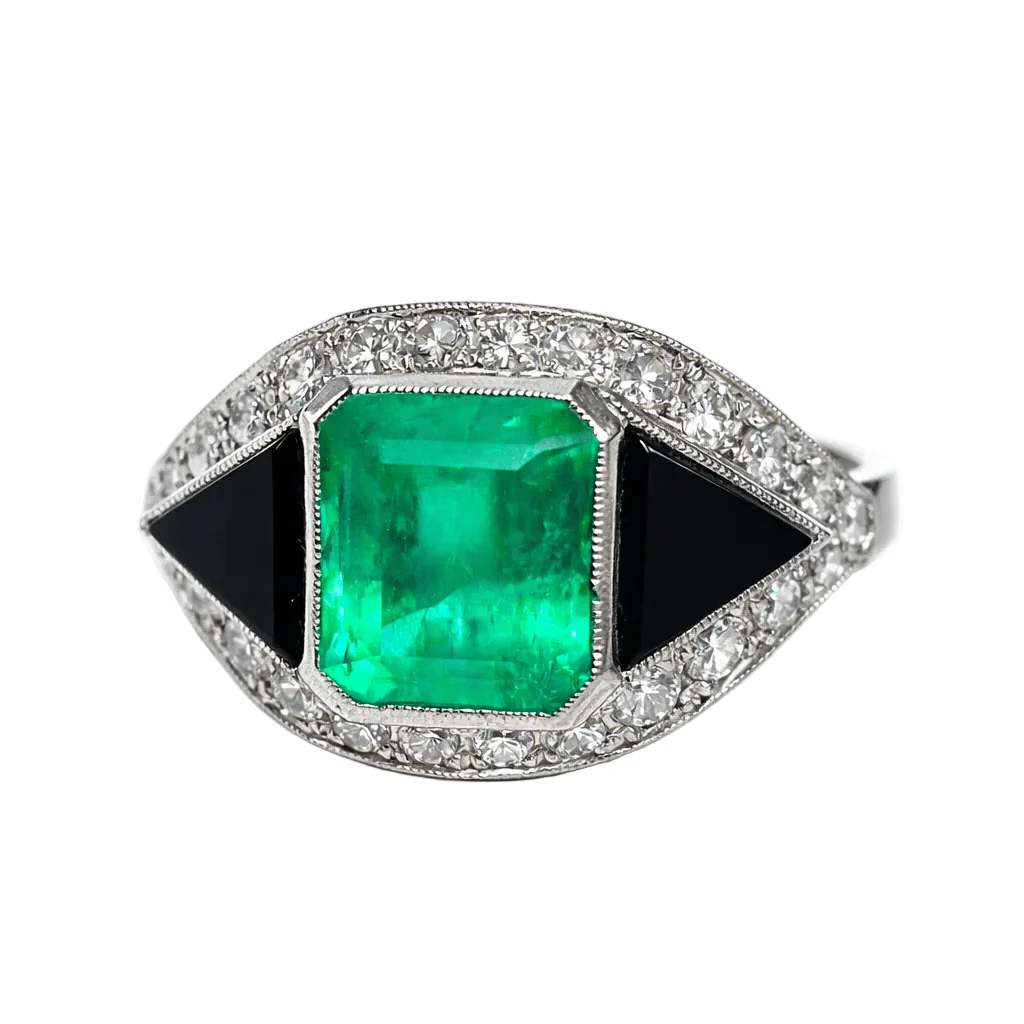 Bague Cocktail en platine, onyx, émeraude et diamants