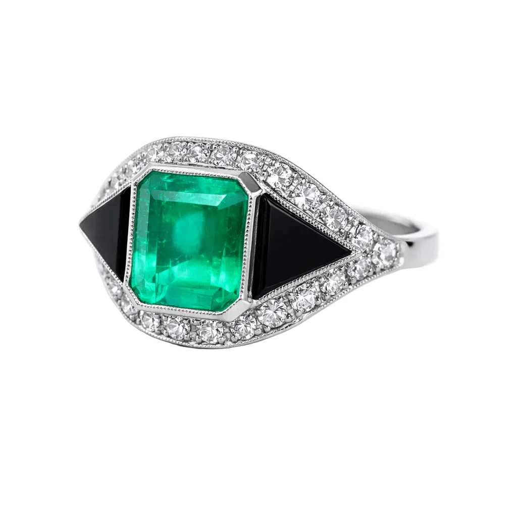 Bague Cocktail en platine, onyx, émeraude et diamants - Image 3