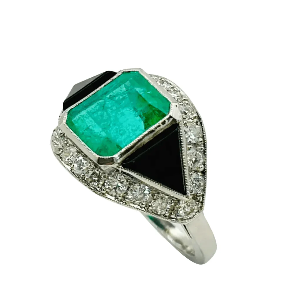Bague Cocktail en platine, onyx, émeraude et diamants - Image 4
