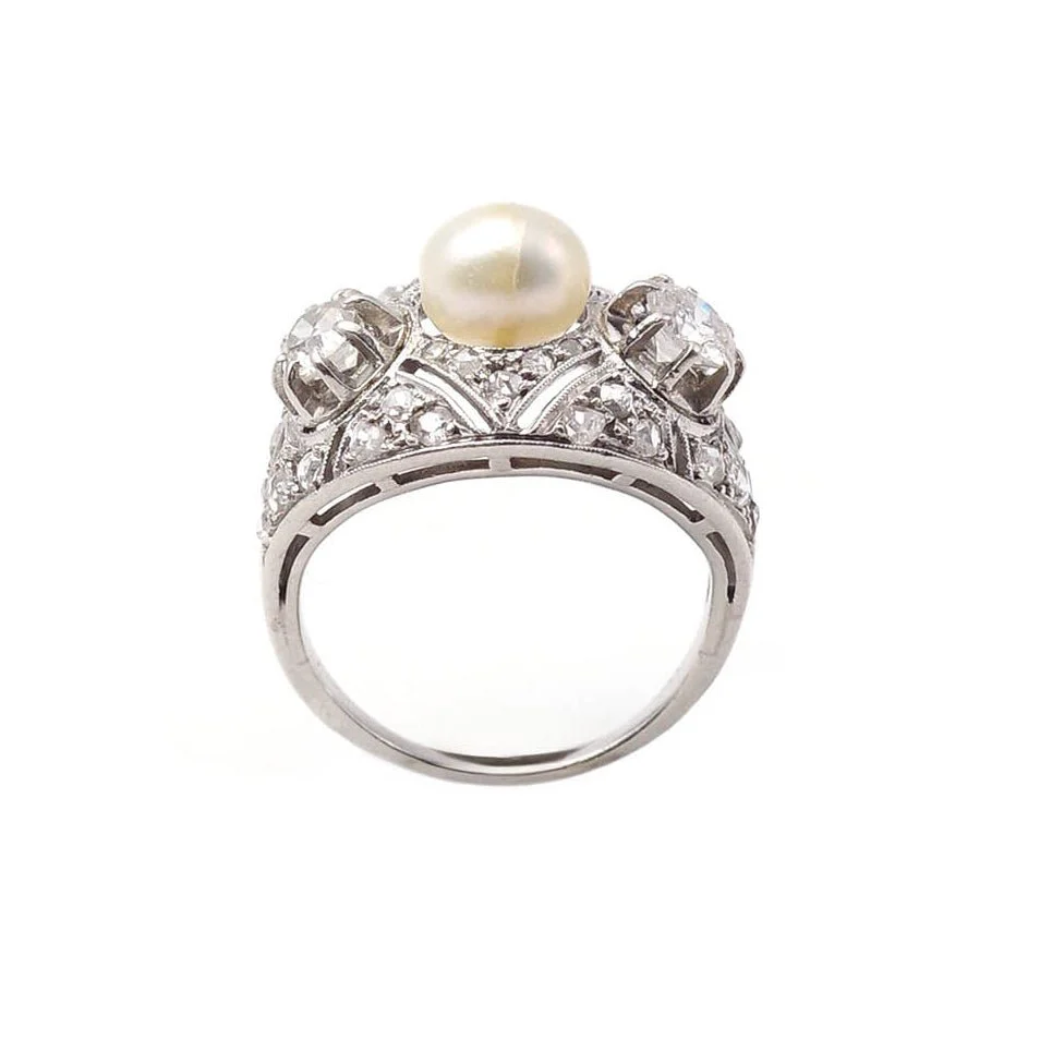 Bague Cocktail en platine, perle et diamants - Image 3
