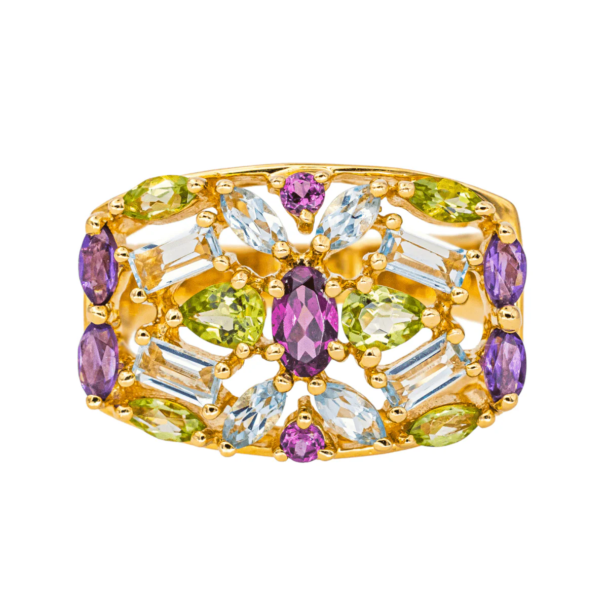 Bague Cocktail en or jaune, grenat, aigue-marines, péridots et améthystes