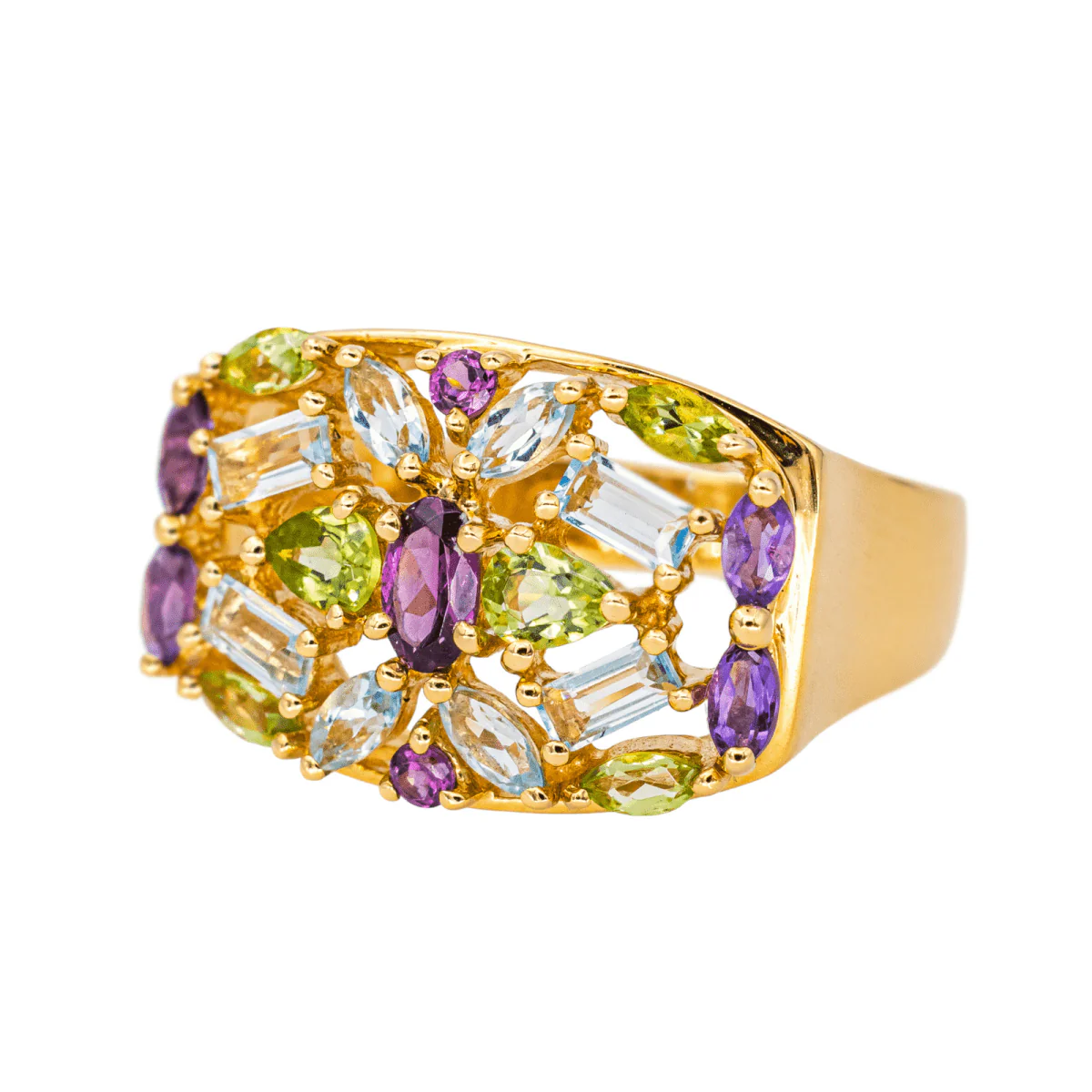Bague Cocktail en or jaune, grenat, aigue-marines, péridots et améthystes - Image 3