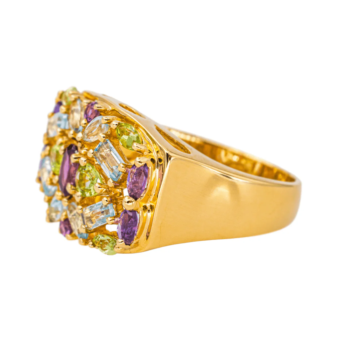 Bague Cocktail en or jaune, grenat, aigue-marines, péridots et améthystes - Image 4