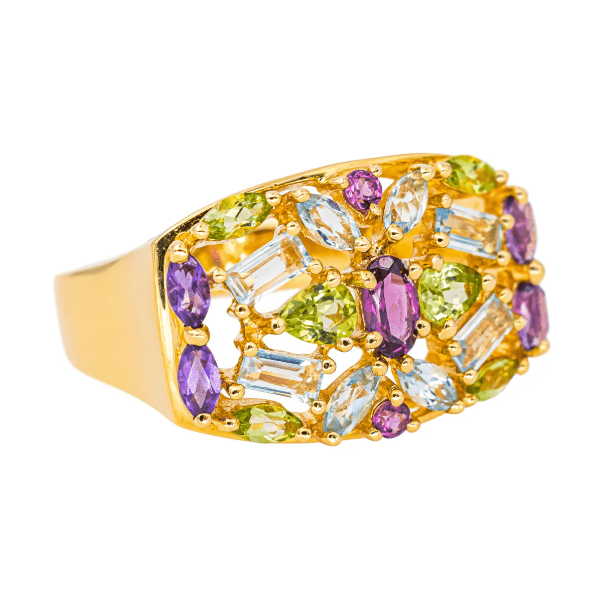 Bague Cocktail en or jaune, grenat, aigue-marines, péridots et améthystes - Image 6