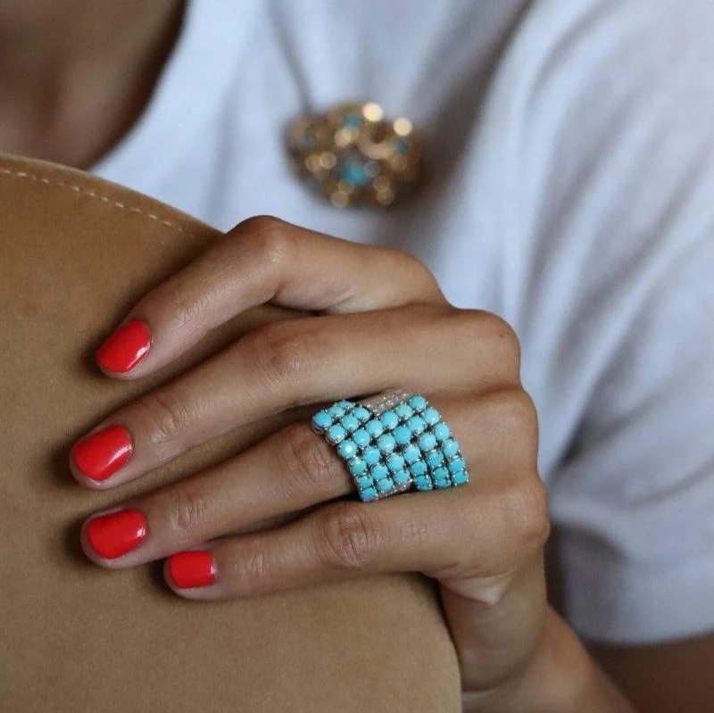 Bague Cocktail RINALDO GAVELLO en or blanc, turquoises et diamants - Image 2
