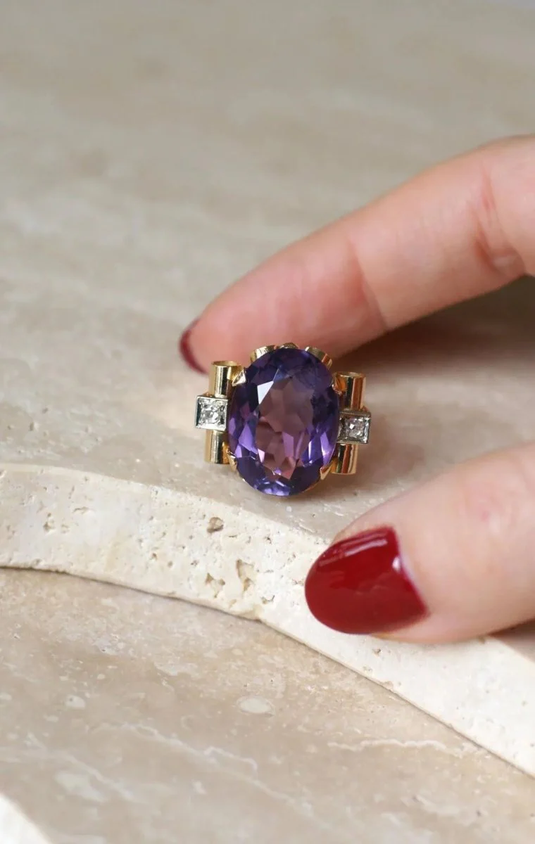 Bague Tank Améthyste et Diamants sur Or Jaune - Image 10