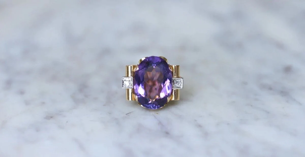Bague Tank Améthyste et Diamants sur Or Jaune - Image 2