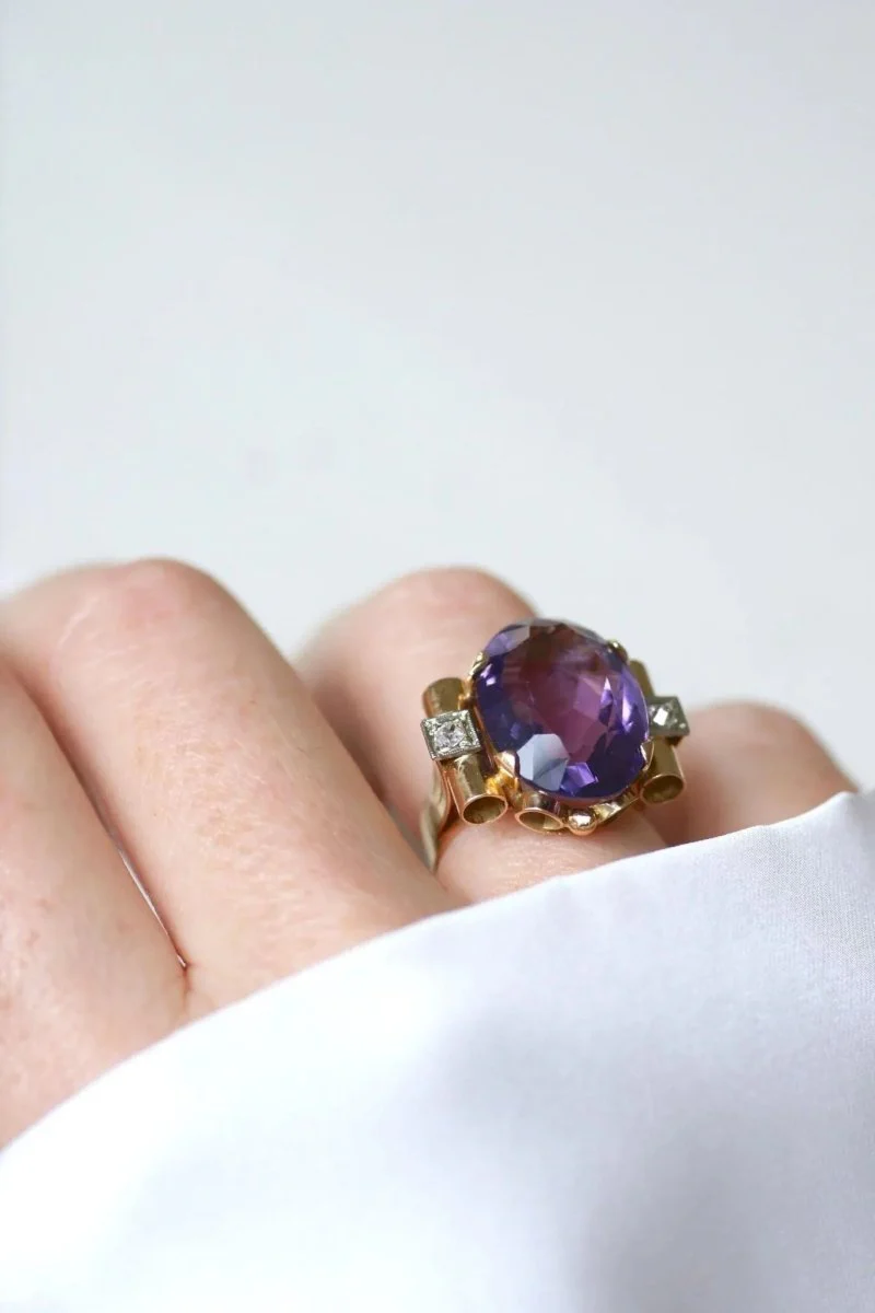 Bague Tank Améthyste et Diamants sur Or Jaune - Image 3