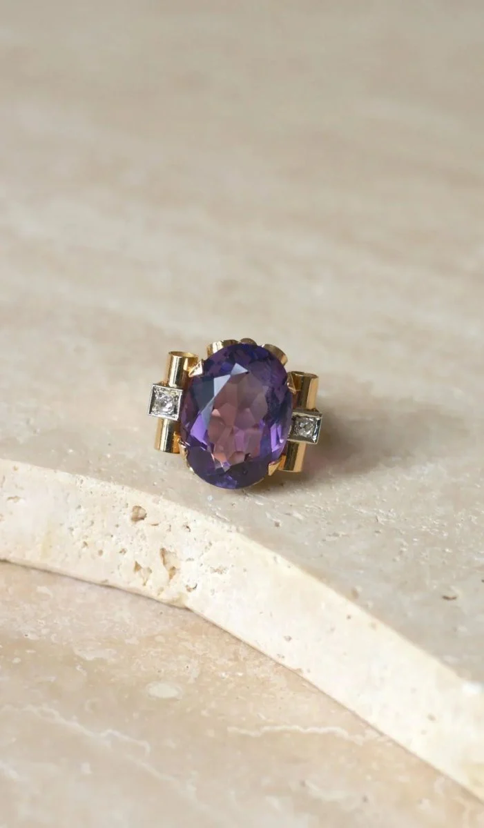 Bague Tank Améthyste et Diamants sur Or Jaune - Image 5