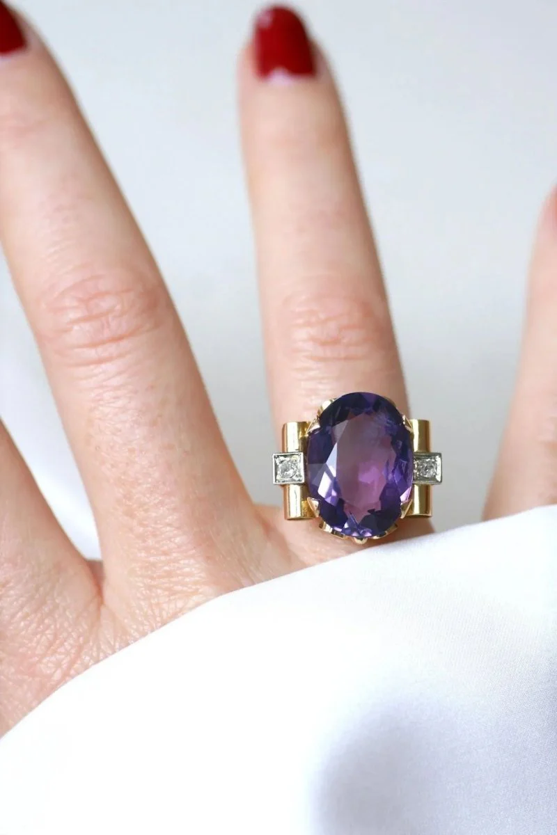 Bague Tank Améthyste et Diamants sur Or Jaune - Image 6
