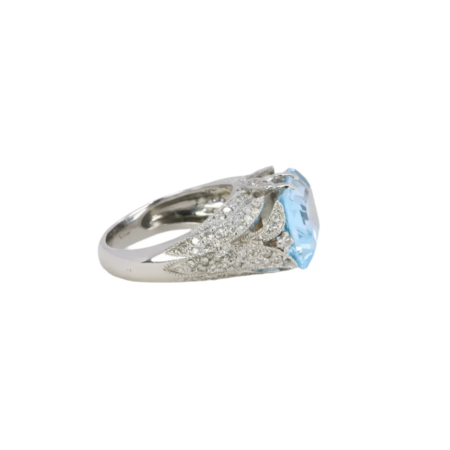 Bague cocktail vintage en or blanc, diamants et aigue-marine - Image 3