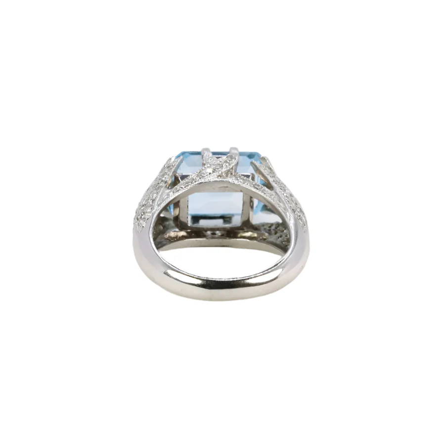 Bague cocktail vintage en or blanc, diamants et aigue-marine - Image 4