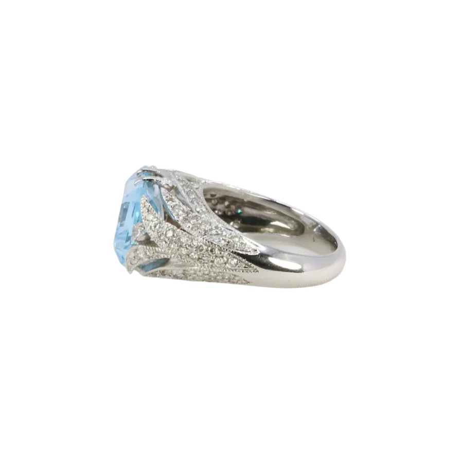 Bague cocktail vintage en or blanc, diamants et aigue-marine - Image 5
