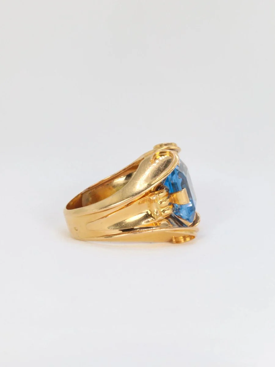 Bague cocktail vintage en or et pierre bleue - Image 2