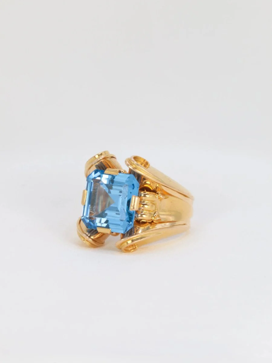 Bague cocktail vintage en or et pierre bleue - Image 5