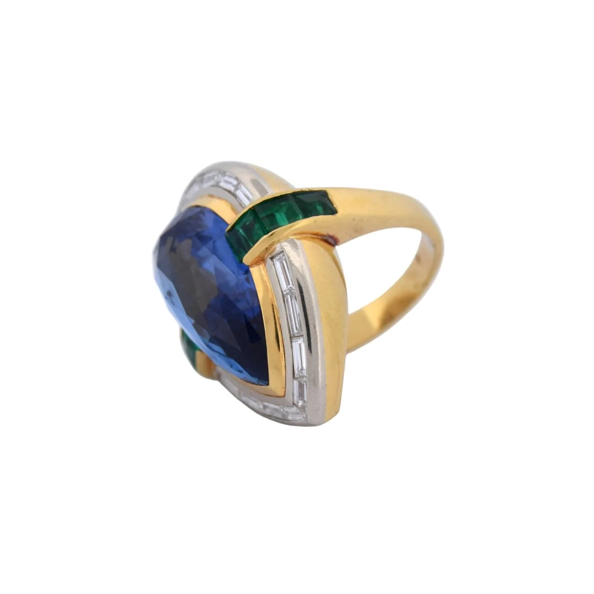 Bague Cocktail en or jaune, saphir, émeraude et diamants - Image 3
