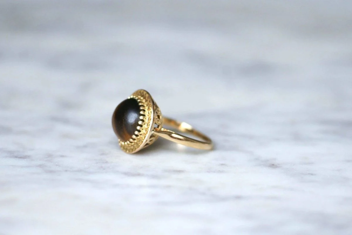 Bague cocktail vintage or jaune et quartz oeil de tigre - Image 5