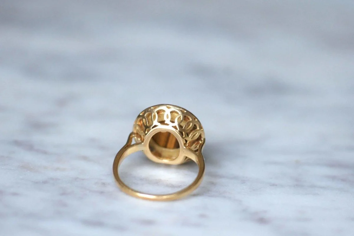 Bague cocktail vintage or jaune et quartz oeil de tigre - Image 7