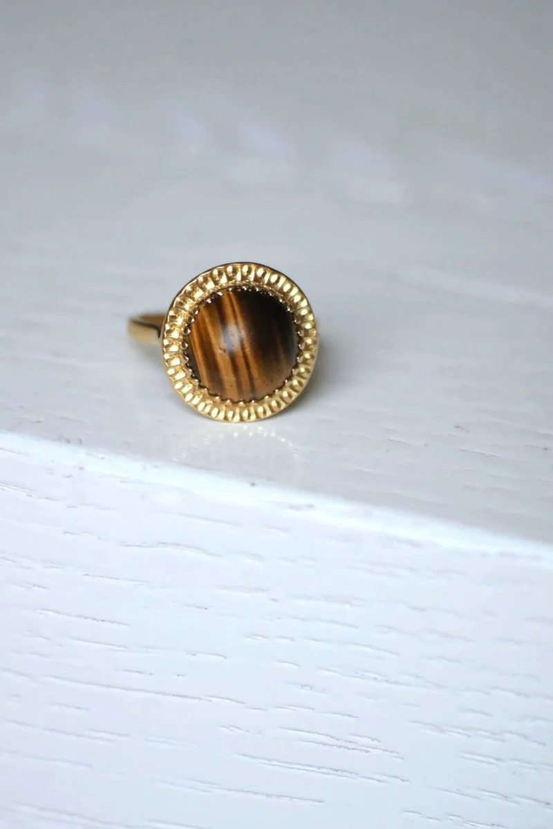 Bague cocktail vintage or jaune et quartz oeil de tigre - Image 8