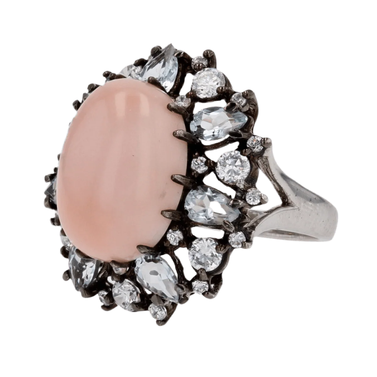 Bague Cocktail en argent, corail, aigues-marines et cristaux de zirconium - Image 3