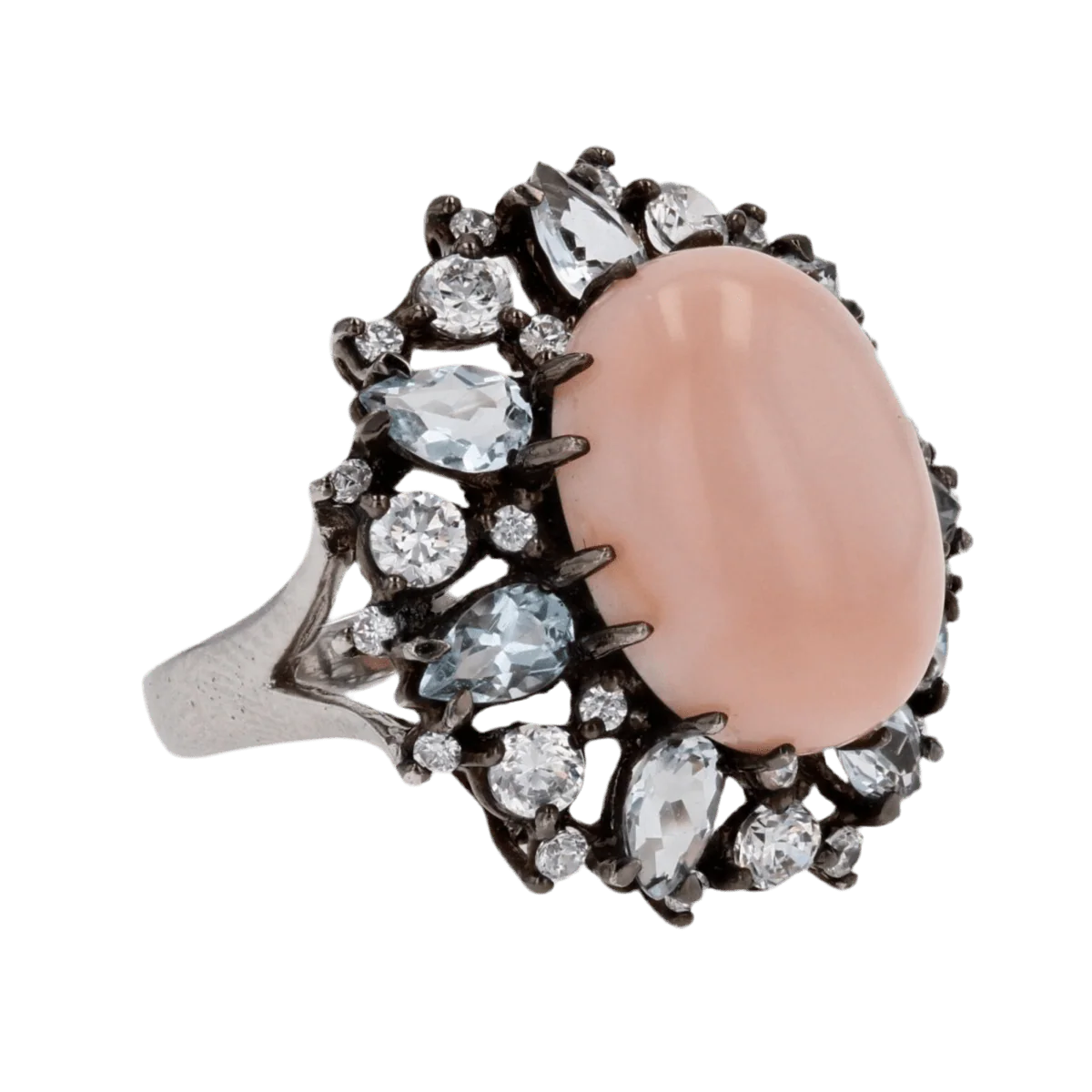 Bague Cocktail en argent, corail, aigues-marines et cristaux de zirconium - Image 5