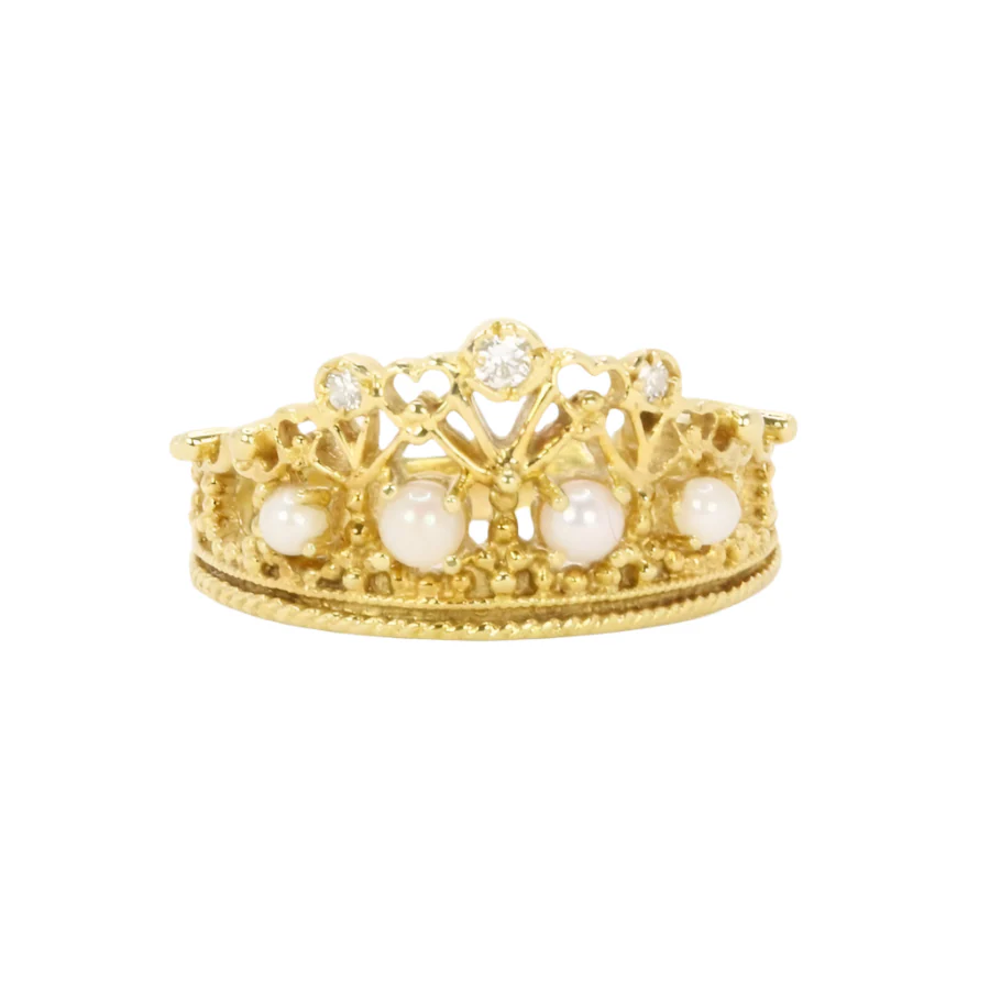 Bague couronne or jaune diamants perles